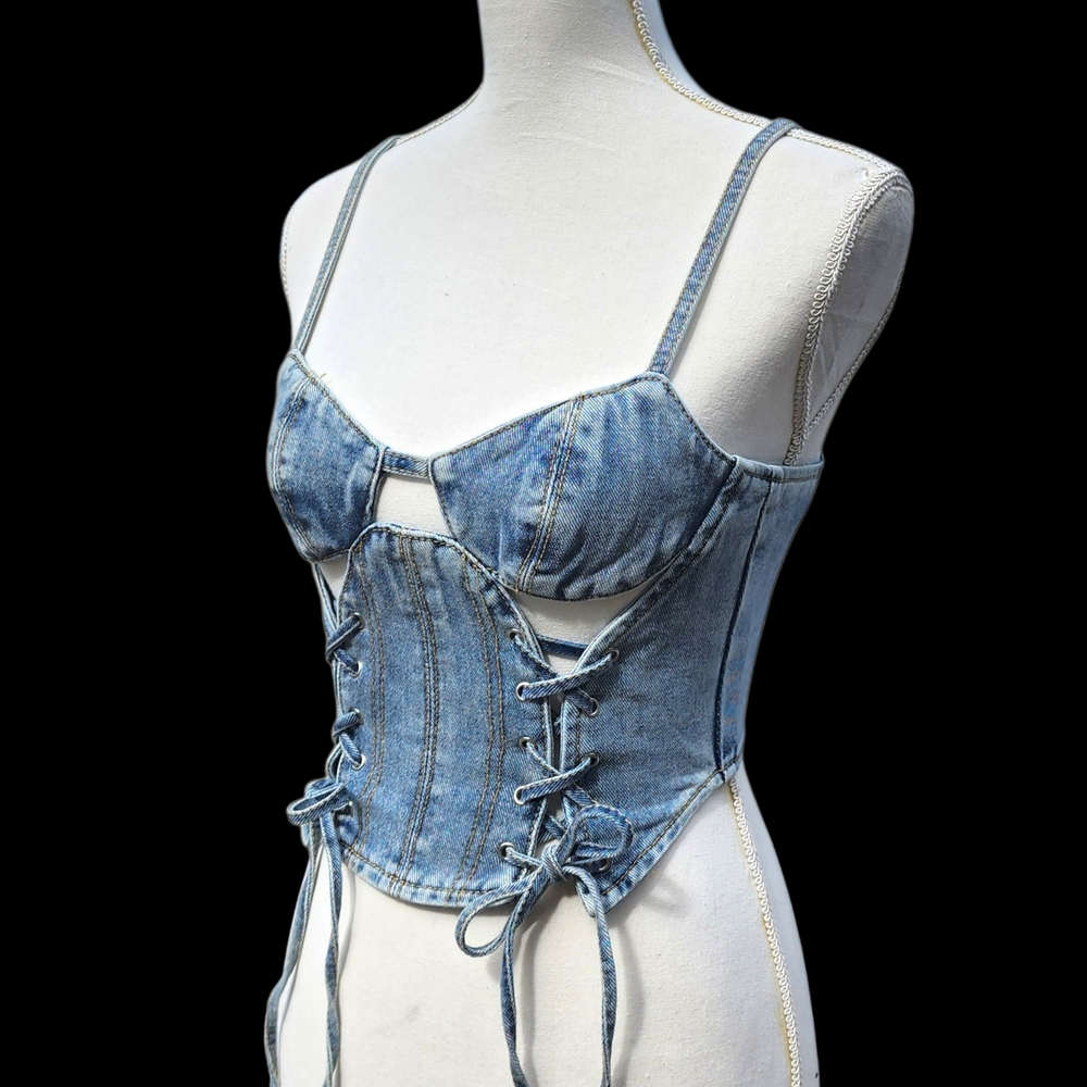 PrettyLittleThing Light Blue Wash Denim Lace Up Corset Top Petite XS - Picture 6 of 8